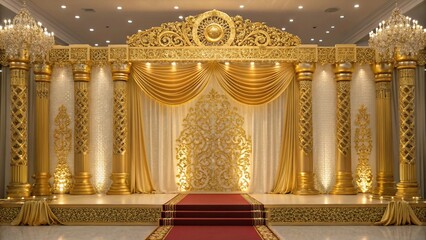 Opulent Gold Wedding Stage Decor:  Elegant Drapes, Intricate Columns, and Red Carpet.