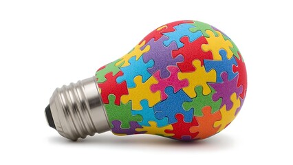 Lightbulb covered in colorful puzzle pieces representing autism awareness and innovation