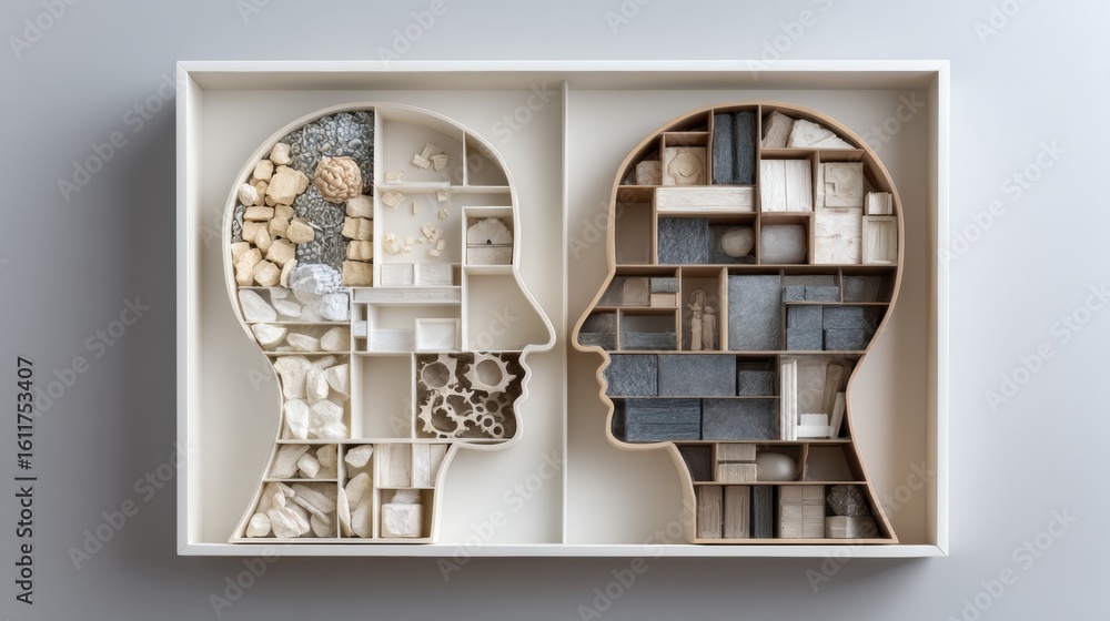 Poster head compartments visualize the complexity of ideas and logic in a creative art piece with an empty 
