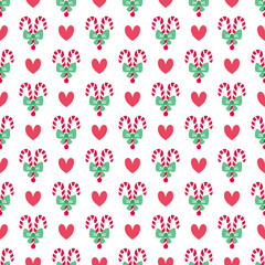 A festive and heartwarming seamless pattern featuring red candy canes with green bows and cute red hearts