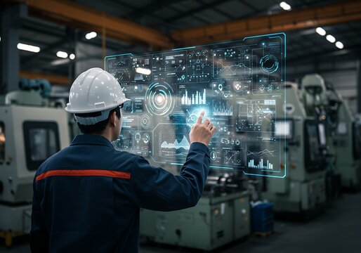Technician using holographic interface to monitor machines in a factory