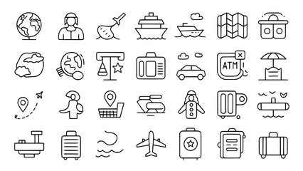 Travel Icon Set: A comprehensive collection of 30 line art travel icons, depicting various modes of transportation, locations, and travel essentials in a simple, monochrome style.