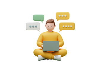 Cartoon Man Sitting Cross Legged with Laptop Surrounded by Speech Bubbles on Transparent