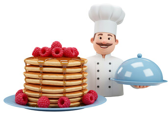 Cartoon Chef Presenting Stack of Pancakes with Raspberries and Syrup on Plate