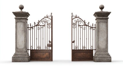 Ornate iron gates with stone pillars.