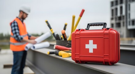 Essential first aid kit and tools ready on construction site, ensuring worker safety and preparedness for emergencies.