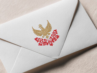 elegant greeting card mockup with Garuda Pancasila gold emblem and red floral ornaments in a white envelope