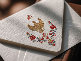 elegant greeting card mockup with Garuda Pancasila gold emblem and red floral ornaments in a white envelope