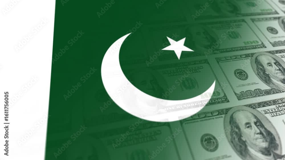 Poster pakistani flag with a slight movement in the wind and dollars moving horizontally in the concept of 