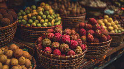 exotic fruits stacked in baskets at a traditional market