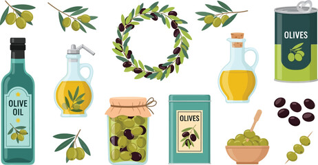 Olive oil and olives vector illustration set for culinary and food design