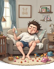 Exhausted Father Holding Baby Bottle Surrounded by Toys in Cozy Living Room