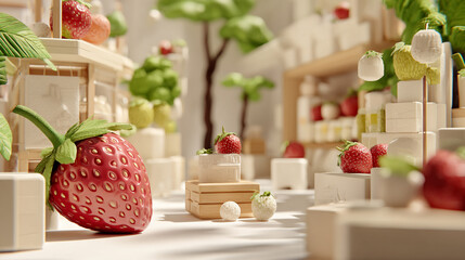 creative 3D scene showing evolution of fruit-based product branding from farm to table with icons and packaging in layers in a virtual room