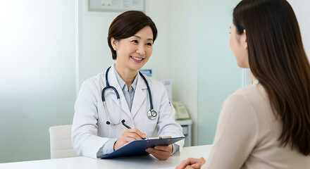 Fototapeta premium Smiling senior Asian female doctor in a white coat providing a friendly medical consultation to a patient in a clinic.