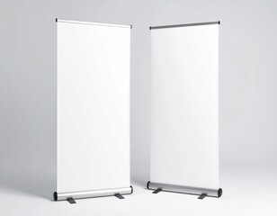 Two blank white roll up banner stands on a light gray background
