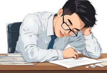 Tired Young Man Working Late at Desk, Piles of Documents, Overworked and Stressed, Digital Art Illustration