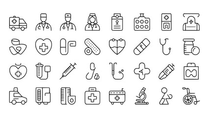 Medical Icons: A crisp line art illustration depicts a comprehensive set of healthcare symbols, including medical personnel, equipment, and emergency vehicles.
