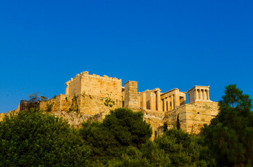Evening view of The Erechtheion at The Parthenon and ancient Acropolis in Athens Greece