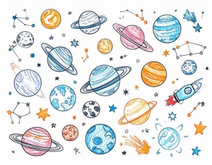Funky crayon drawn planets, asteroids, stars and constellations