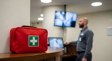 Essential first aid kit ready for emergencies, symbolizing safety and preparedness in a modern environment with a vigilant professional nearby
