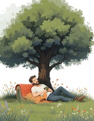 Tranquil Afternoon Rest: Man Napping Underneath a Lush Green Tree with his Dog