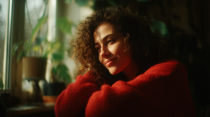 Smiling young woman in cozy red sweater enjoying peaceful morning at home by the window with plants