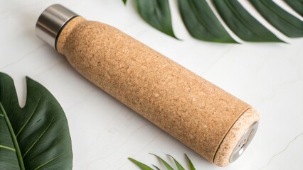 Eco-Friendly Cork Water Bottle on Leafy Background for Sustainable Living