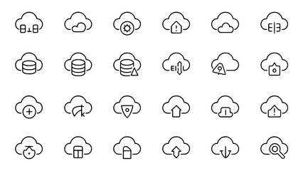 Cloud Computing Icons: A minimalist line art illustration depicts a set of 24 cloud computing icons, showcasing various functions and operations.