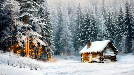 Snowy winter forest with cozy cabin.  Illuminated trees and cabin nestled in a snow-covered forest, bathed in soft light