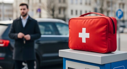 Man with car keys near bright red first aid kit with white cross, ready for emergencies