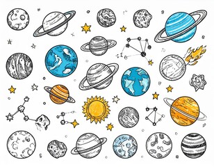 Funky crayon drawn planets, asteroids, stars and constellations
