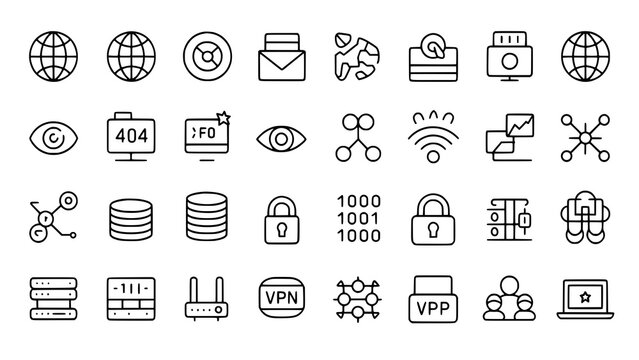 Network Icons: A clean line art illustration depicting a comprehensive set of network-related symbols, including global connectivity, security, data, and communication.