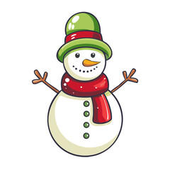 Cute snowman wearing a hat and scarf for winter holidays. Snowman decoration for holiday design, includes cute carrot nose and round body.