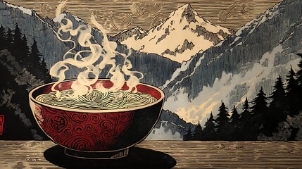 Steaming Bowl of Noodles with Mountain Landscape in Traditional Japanese Style
