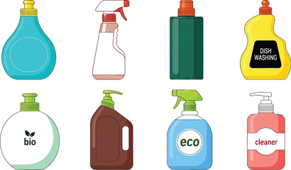 Collection of cleaning products vector illustration for home and kitchen use