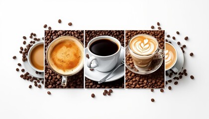 Collage showcasing different types of coffee, including espresso, cappuccino, and latte art, surrounded by coffee beans. Each coffee style is elegantly presented in its own section. 
