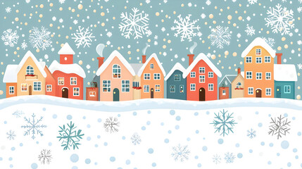 Snowy winter village scene with colorful houses.  Snowflakes fall on a landscape with many small, pastel-colored houses with snow-covered roofs, nestled together in a row