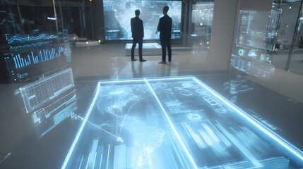 Holographic displays show data on a modern table.