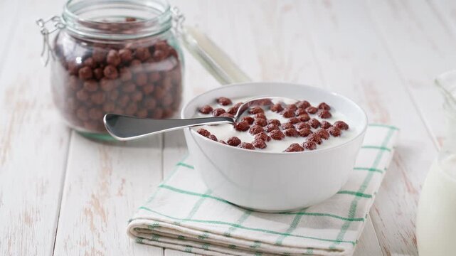 Making a healthy breakfast cereal using chocolate corn balls and milk.

Quick breakfast for kids: chocolate corn balls with milk . Dry breakfast, chocolate corn balls in a bowl with milk on a table.