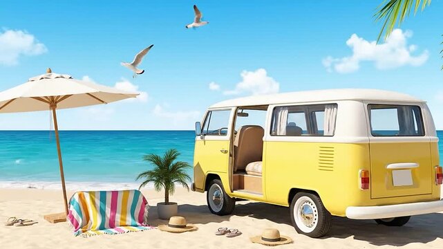 Beach scene with a yellowwhite van umbrella towel palm tree hats flipflops and gulls