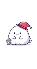 Fototapeta premium Cute snowball creature enjoying a warm drink wearing a festive hat