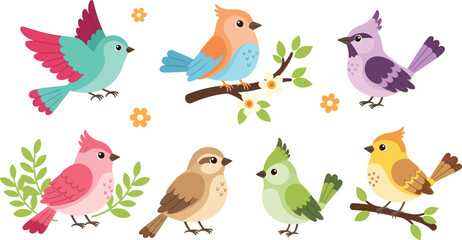 Fototapeta premium Cute colorful birds vector illustration set for spring design and decoration