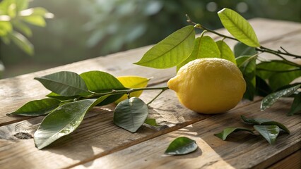  fresh lemon with green leaves on wood a vibrant