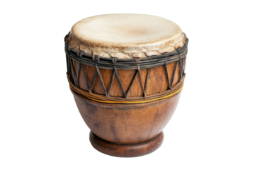 Single traditional wooden drum with rope tension isolated on transparent background