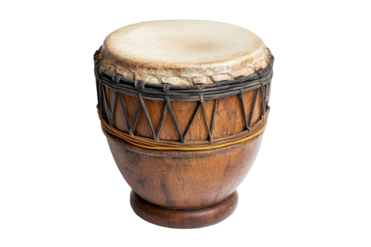 Single traditional wooden drum with rope tension isolated on transparent background