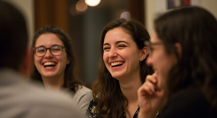 Fototapeta premium Three young women share a hearty laugh during an indoor gathering, radiating joy and camaraderie