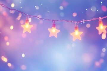 Soft glowing star string lights with dreamy purple and blue bokeh background