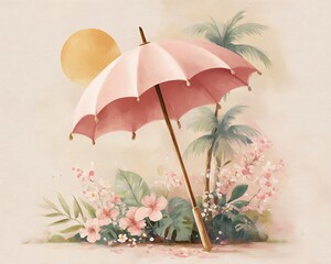 Artistic summer umbrella illustration with creamy pink waves and soft lighting, tranquil and modern tropical mood for stock collections