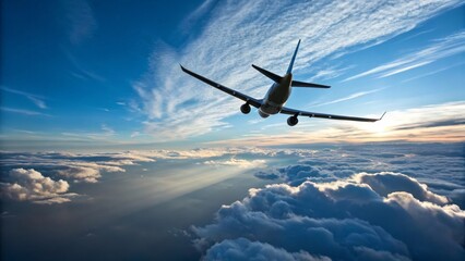 Obraz premium Airplane Flying Above Clouds at Sunset Over Blue Sky