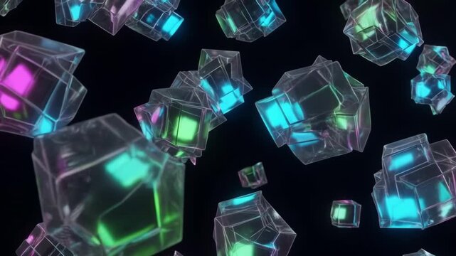 Geometric cubes made of neon glass rotating on a dark background.